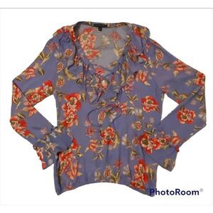 🌺Woman’s Signature Studio SZ S Colorful Floral Tie Up Ruffled Blouse🌺